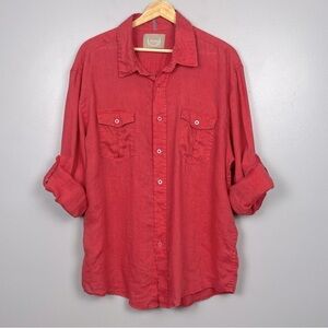 Bruno New York men’s red 100% linen roll tab sleeve button front shirt, XL.